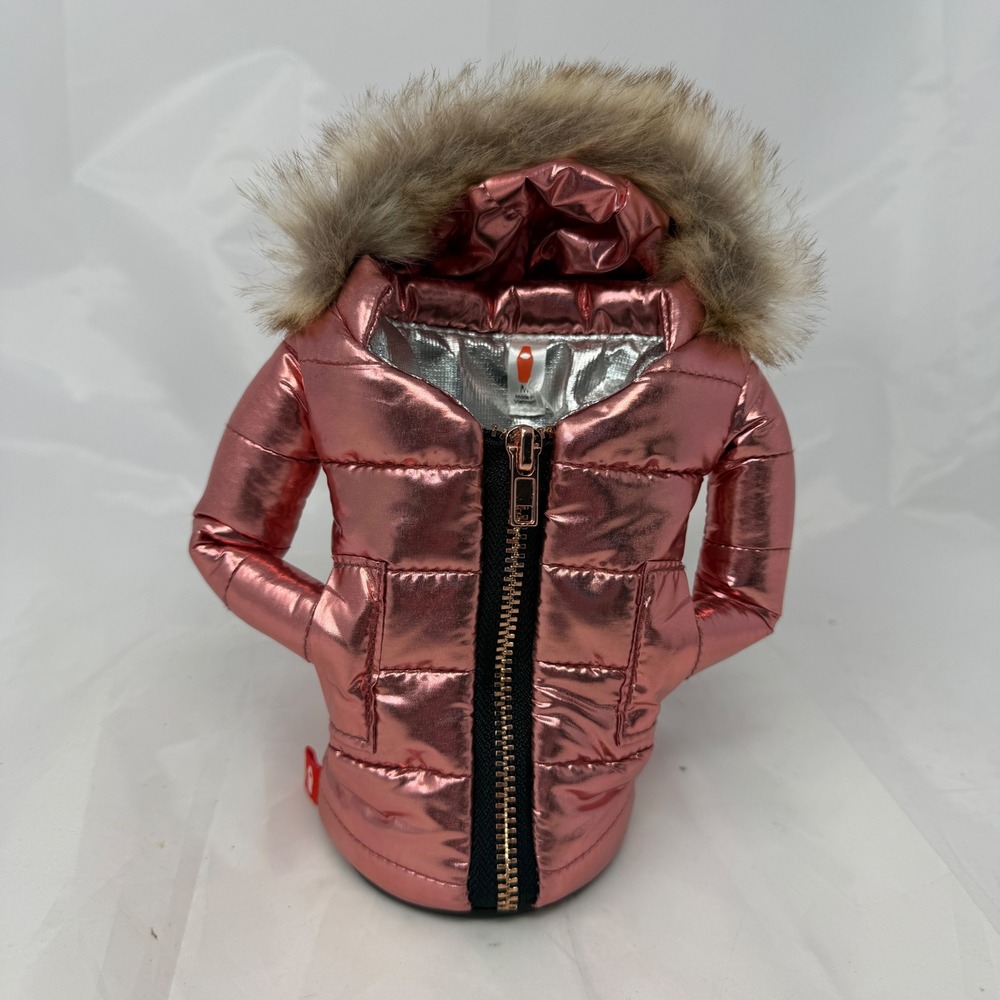 Puffin Drinkwear Metallic Pink Puffer Jacket Beverage Can Insulator Fur Hood